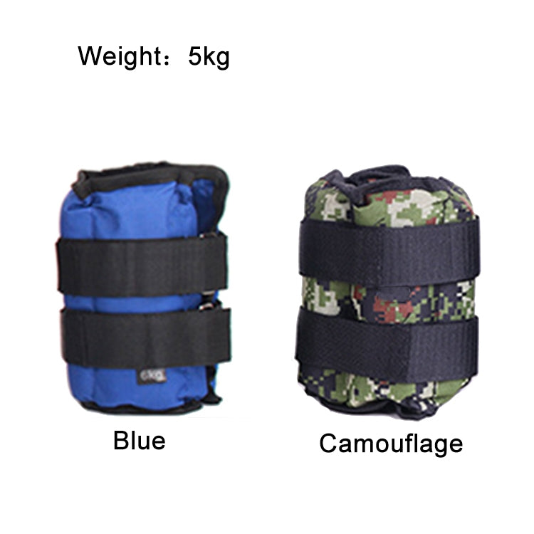 Pair of adjustable ankle weight sandbags in blue and camouflage patterns