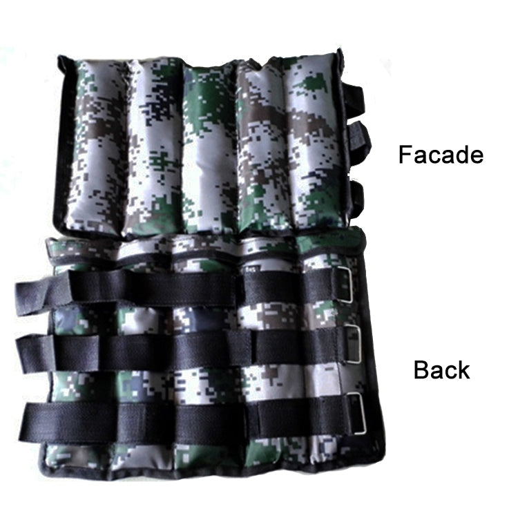 Camouflage ankle weight sandbags showing front panel and back strap areas