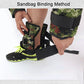 Adjustable camouflage ankle weight sandbag being strapped onto a shoe-covered foot