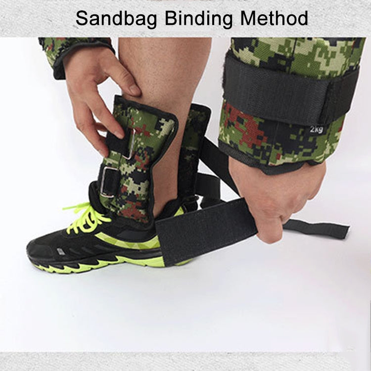 Adjustable camouflage ankle weight sandbag being strapped onto a shoe-covered foot