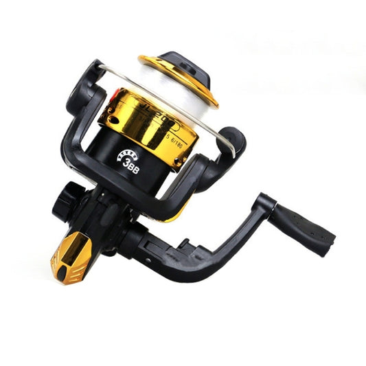Spinning fishing reel with exposed gold gearbox and black frame, JL200 style