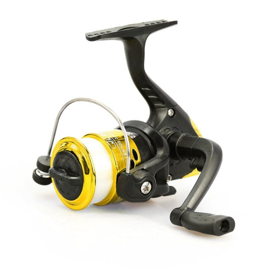 Gold spinning fishing reel with black handle and line roller, JL200 style