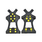 Set of black non-slip ice traction shoe covers with yellow stud spikes