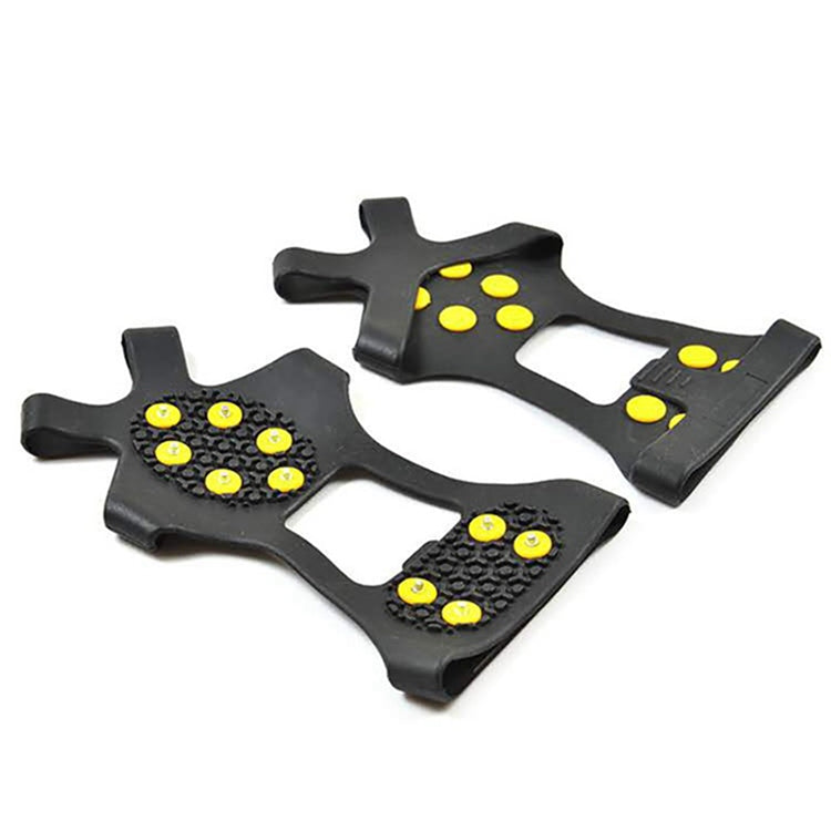 Pair of black ice traction shoe covers with yellow claw grips