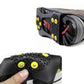 Close-up of black ice traction shoe cover sole with yellow stud traction
