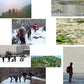 Winter hiking collage with people walking on snow and icy terrain