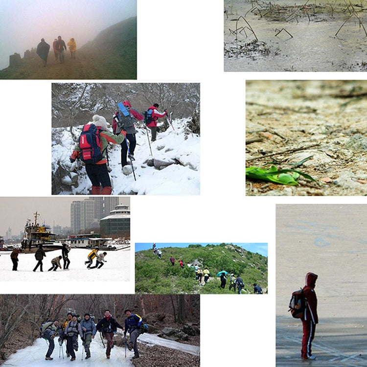 Winter hiking collage with people walking on snow and icy terrain