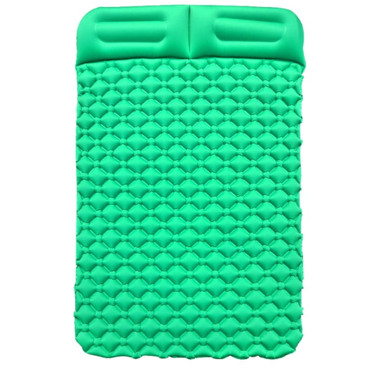 Emerald green double inflatable sleeping cushion with two built-in pillows, egg-crate pattern