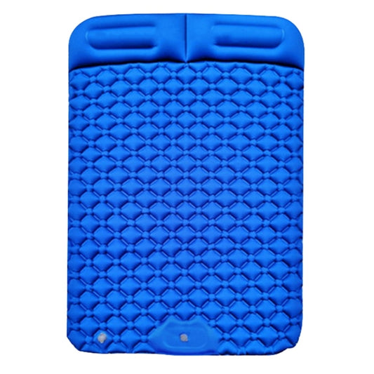 Dark blue inflatable camping air cushion bed with raised headrest and diamond grid surface