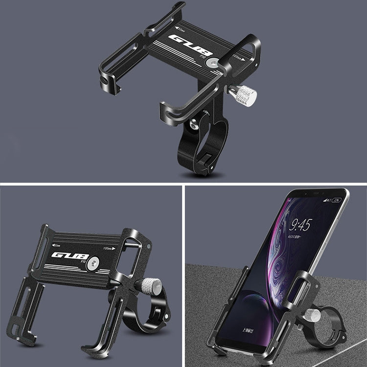 Black aluminum bike phone holder shown at an angle with phone-facing cradle