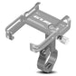 Gray aluminum bike phone holder with handlebar clamp and phone cradle
