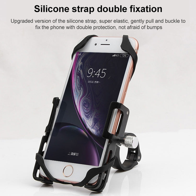 Bike phone holder with double silicone strap securing a phone in landscape view