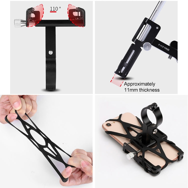 Black bike phone holder clamp with adjustable wing mounts and mounting hardware