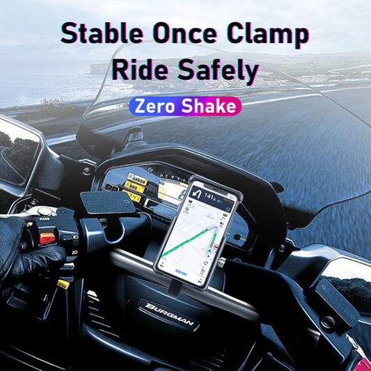 Cycling phone holder mounted on handlebars with phone secured in front
