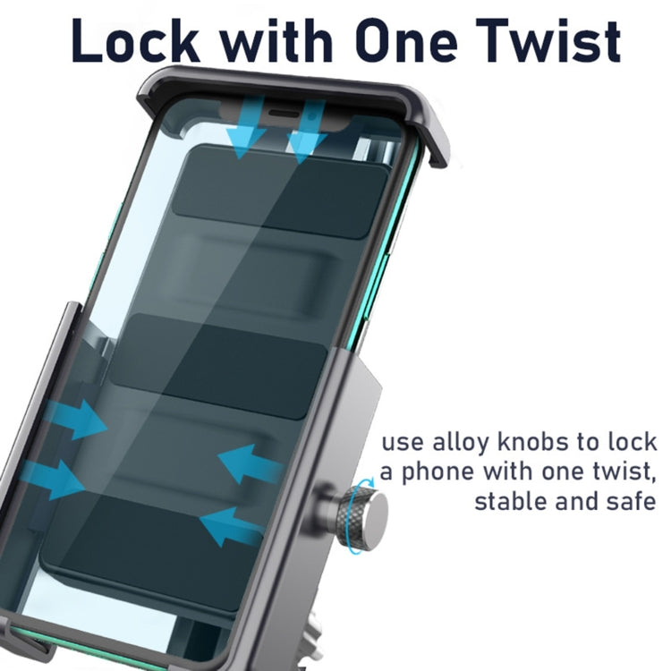 Cycling phone holder with one-twist locking, phone clamped in dark gray bracket