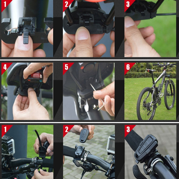 Bike tail light installation steps showing hands and mounting clips
