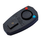 Black remote alarm key fob with red and blue buttons and keyring hole
