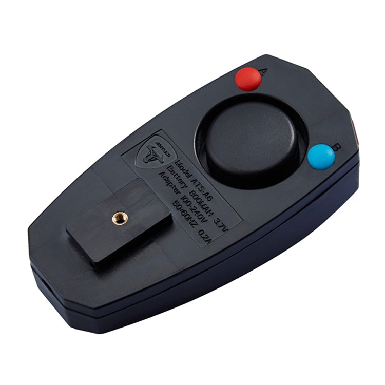 Black remote alarm key fob with red and blue buttons and keyring hole