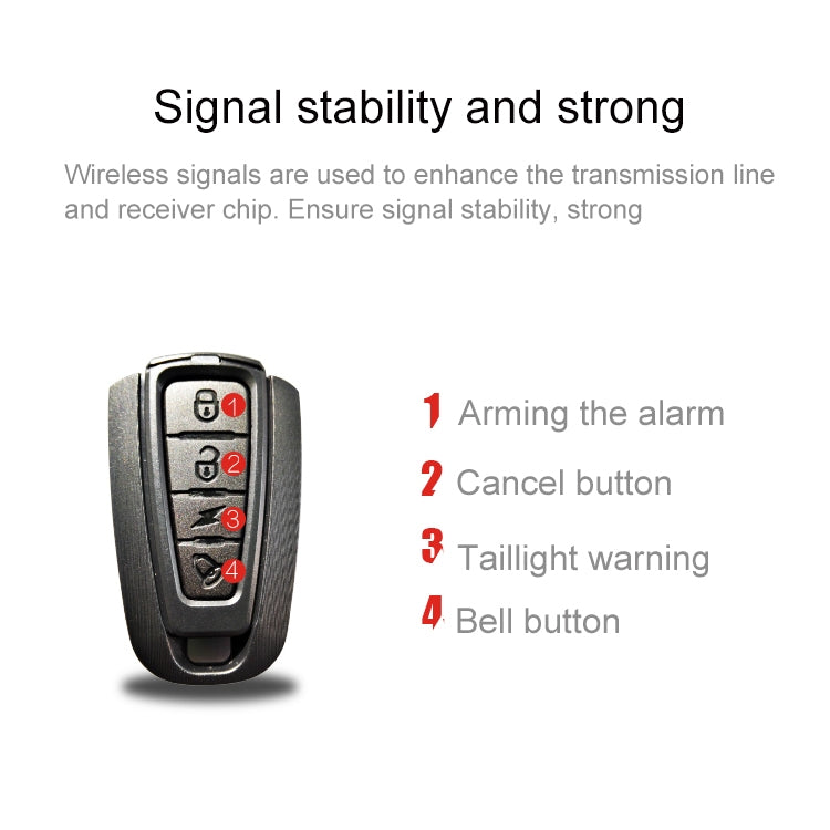 Black handheld remote control for bike tail light alarm with multiple command buttons