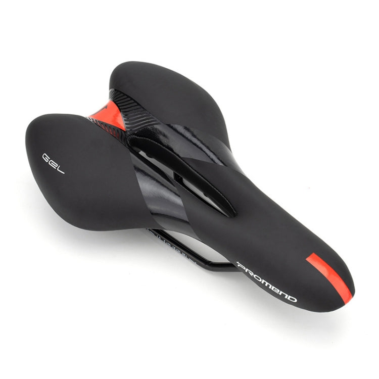 Black bicycle racing saddle with orange-red accents and central gel channel