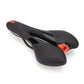 Black bicycle saddle with central cutout and orange-red side emblem
