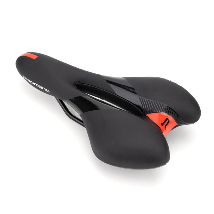 Black bicycle saddle with central cutout and orange-red side emblem