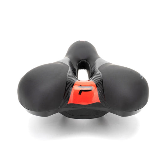 Black bicycle saddle with U-shaped hollow center and orange support panel