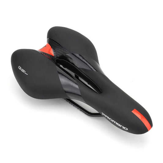Black bicycle racing saddle with orange-red accents and central gel channel