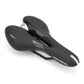 Black racing bicycle saddle with breathable center slot and orange-red accents