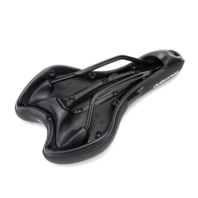 Black bicycle saddle underside with molded base and mounting holes