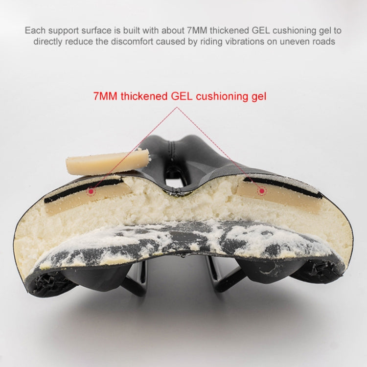 Black bicycle saddle cross-section with thick gel cushioning and center opening