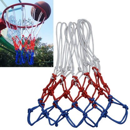 Basketball net rope with white top strands, red mesh, and blue lower loops