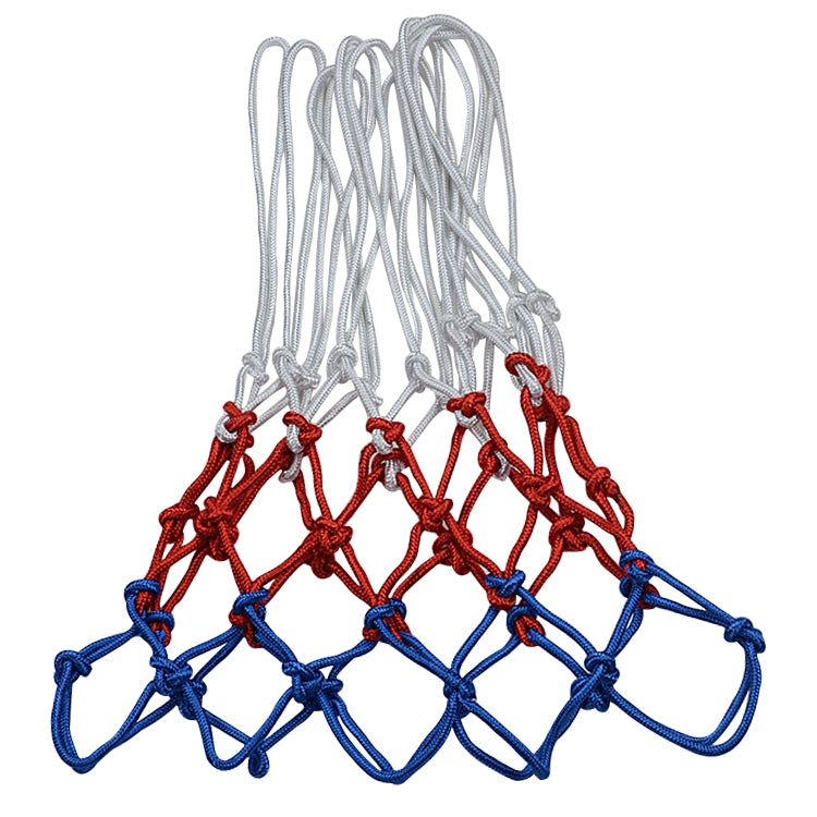 Basketball net rope with hanging white cords, red diamond knots, and blue bottom edge