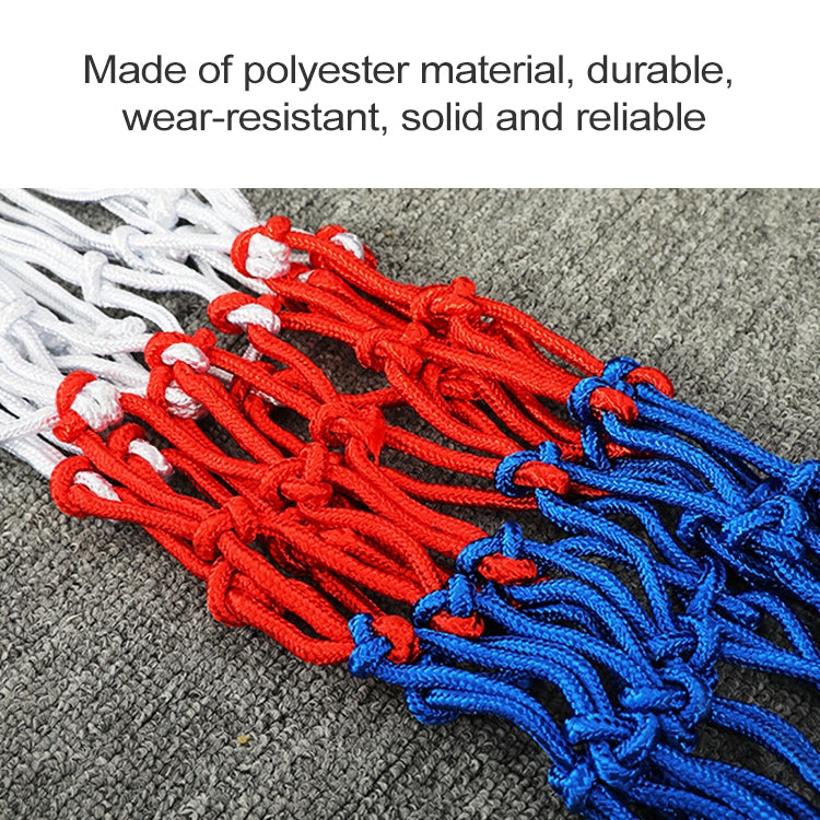 Thick polyester net rope close-up with red and blue braided strands on gray fabric
