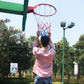 Basketball hoop net made of white, red, and blue rope hanging from rim