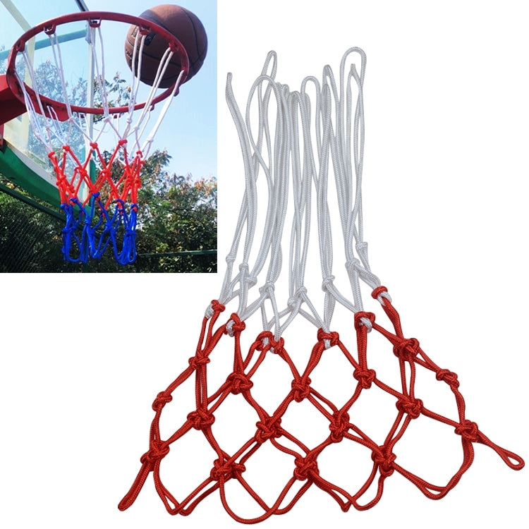 Basketball net rope with white hanging cords and red-and-blue woven sections