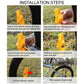 Amber bike spoke reflector being installed on a wheel spoke with mounting hardware