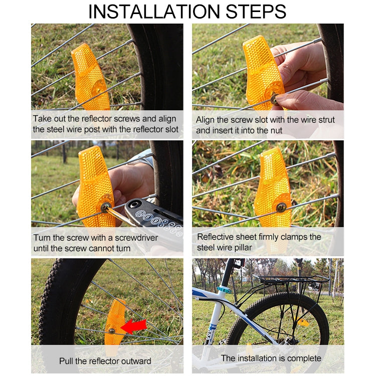 Amber bike spoke reflector being installed on a wheel spoke with mounting hardware