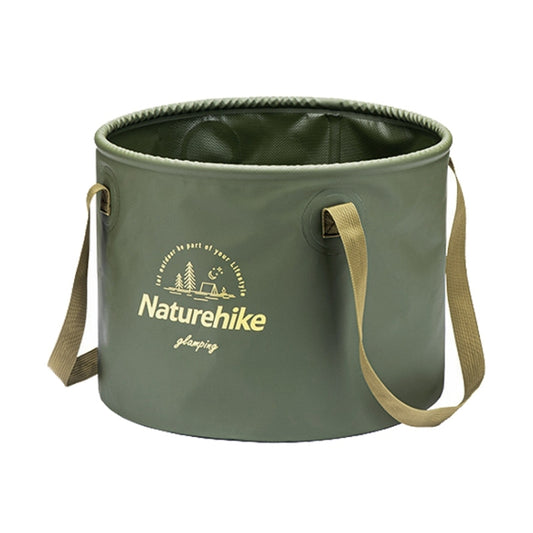 Army green foldable PVC water storage bucket with rope-trim top and side handle straps
