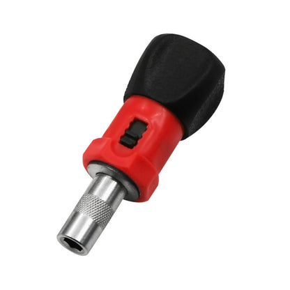 Ratchet screw bit driver with red handle and black non-slip grip, hex socket tip