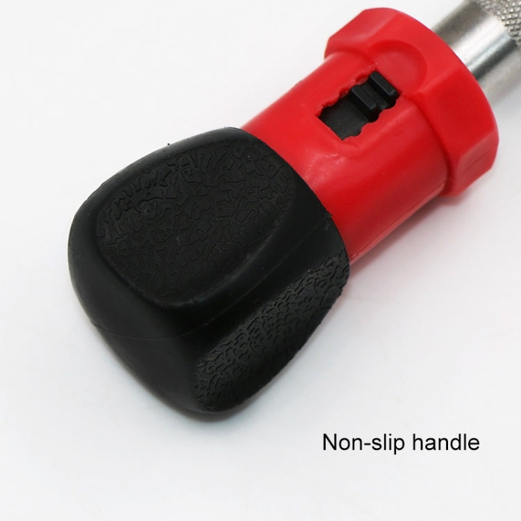 Non-slip handle ratchet screw driver with red body and textured black grip, hex opening