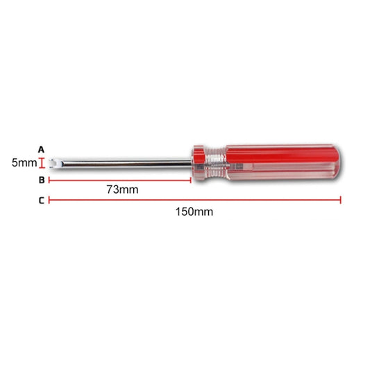Triangular magnetic screwdriver diagram with red handle and chrome shaft; 150mm overall length