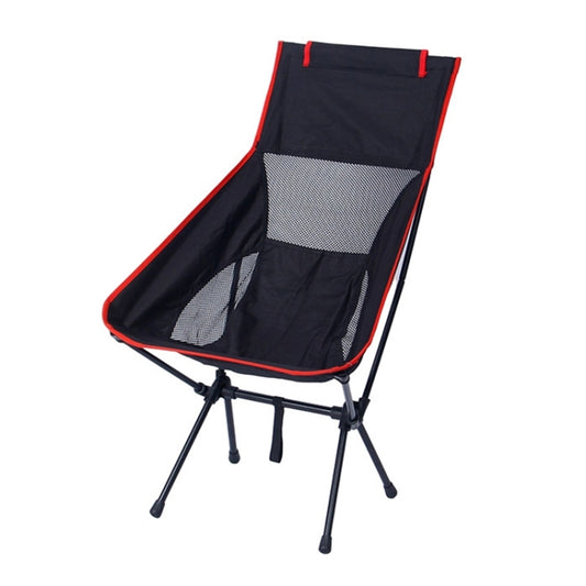 Large folding camping chair with black fabric, red trim, and mesh backrest.