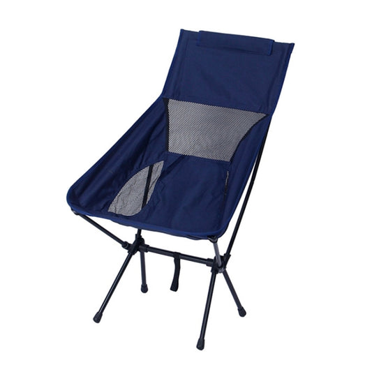Large folding camping chair with navy fabric, mesh backrest, and black steel legs.