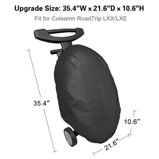 Portable BBQ grill cover in dark fabric, with wheels and carry handle