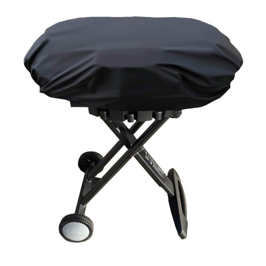 Black waterproof grill cover with drawstring, shaped for portable BBQ grill