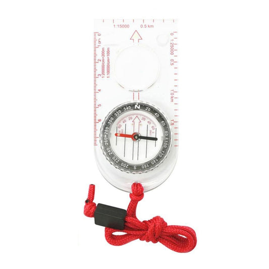 Outdoor hiking compass with red lanyard and clear map scale magnifier