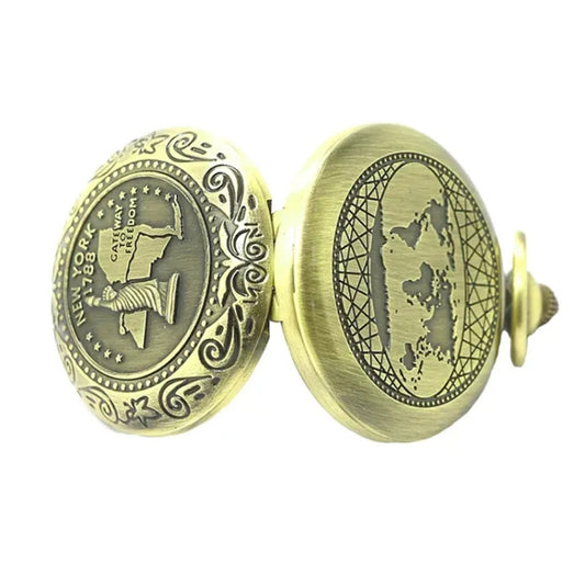 Vintage pocket compass watch with etched globe face and flip lid, gold-tone metal