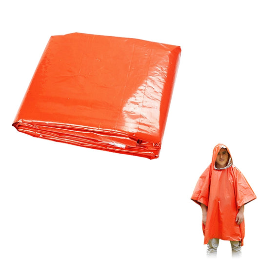 Orange long rain poncho, folded in a compact square bundle
