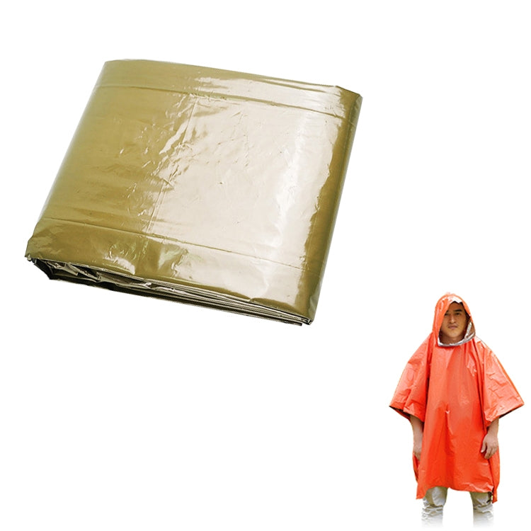Olive long rain poncho, folded in a compact square bundle
